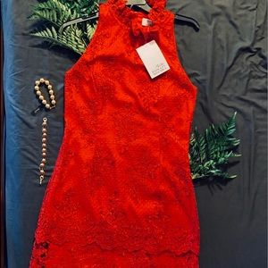 Badgley mischka Red embroidered trapeze dress